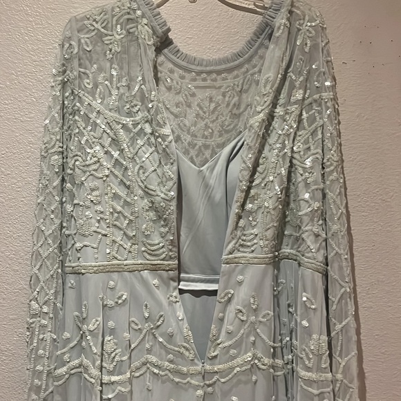 Mac Duggal SEQUINED ILLUSION HIGH NECK LONG SLEEVE MIDI DRESS 9142 Seafoam - Picture 5 of 14